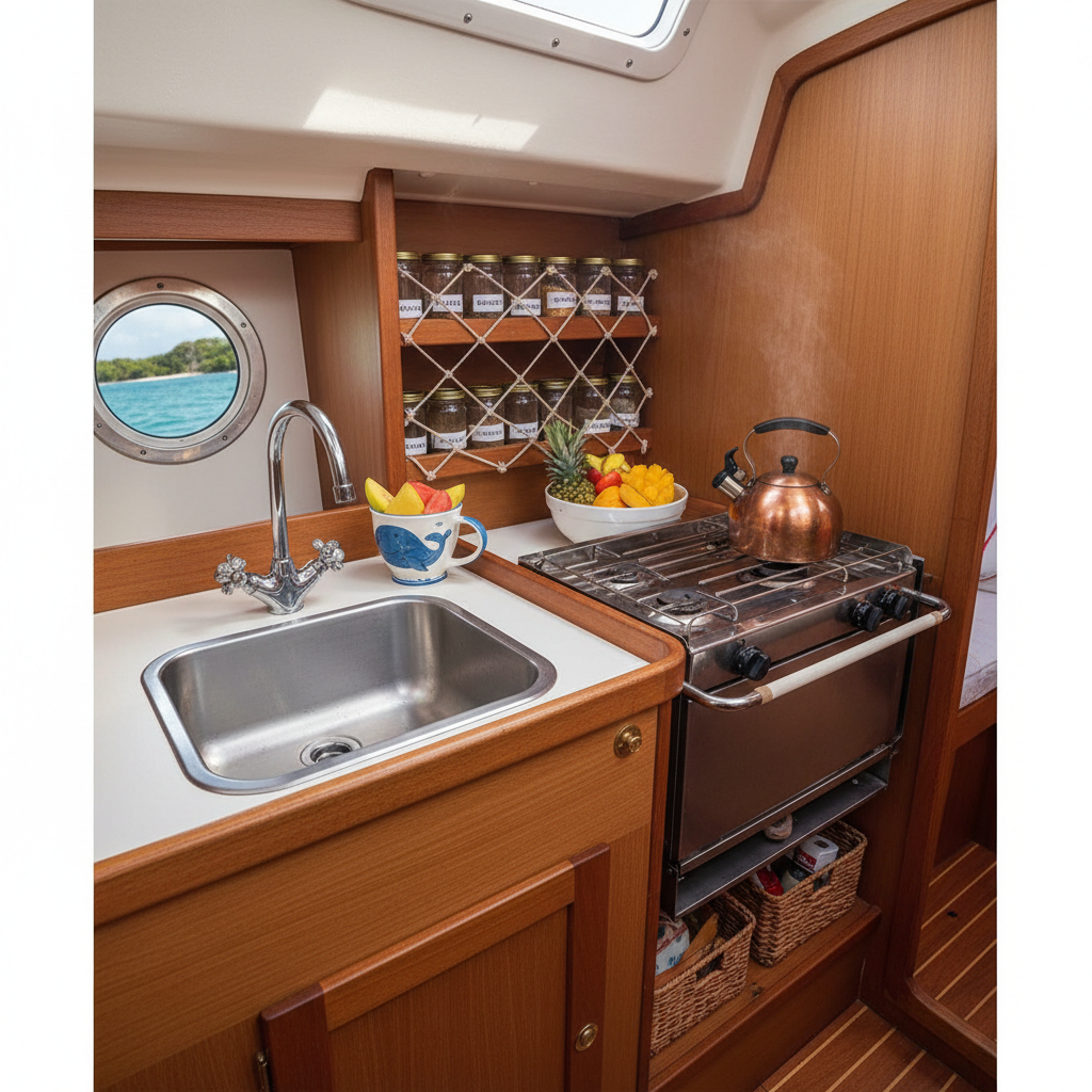 A compact sailboat galley with gleaming stainless-steel sink, small gimbaled stove, and rows of neatly labeled spice jars secured with elastic above a light wood countertop. A mixing bowl of freshly sliced tropical fruit sits beside a playful, sea-themed mug, while a porthole reveals a glimpse of vivid blue sea outside. Soft, diffused morning light streams through the hatch, illuminating gentle steam from a kettle and subtle textures on the cabinetry. Photographic realism with a bright, cozy feel. Captured at eye level with a slightly wide angle to show both counter and storage nooks, maintaining sharp focus throughout. The composition emphasizes the smart, compact organization and colorful details that make cooking aboard a family boat feel both practical and fun.