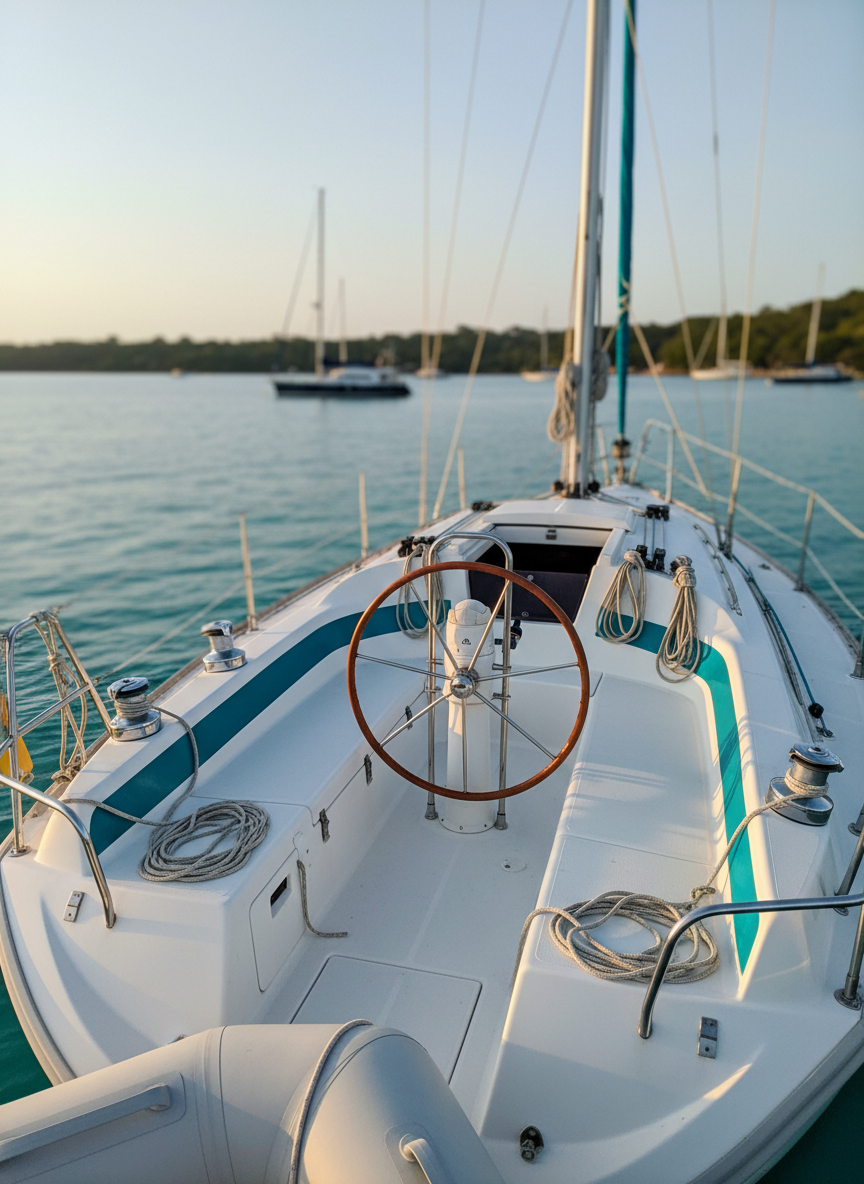 A gleaming white fiberglass sailboat with bright teal accents, its polished wooden wheel and neatly coiled lines prominently displayed on the cockpit benches. The boat floats on calm, crystal-blue coastal water near a lush green shoreline, with distant anchorages and moored boats softly blurred in the background. Warm golden hour sunlight glows on the deck hardware and stainless-steel rails, casting gentle, elongated shadows. Photographic realism with a playful, vibrant color palette. Shot at eye level from a nearby dinghy, using the rule of thirds, with sharp focus on the boat and a slightly softened horizon. The mood is adventurous yet relaxed, conveying the essence of a family home afloat without showing any people.