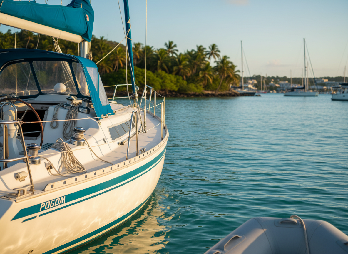 A gleaming white fiberglass sailboat with bright teal accents, its polished wooden wheel and neatly coiled lines prominently displayed on the cockpit benches. The boat floats on calm, crystal-blue coastal water near a lush green shoreline, with distant anchorages and moored boats softly blurred in the background. Warm golden hour sunlight glows on the deck hardware and stainless-steel rails, casting gentle, elongated shadows. Photographic realism with a playful, vibrant color palette. Shot at eye level from a nearby dinghy, using the rule of thirds, with sharp focus on the boat and a slightly softened horizon. The mood is adventurous yet relaxed, conveying the essence of a family home afloat without showing any people.