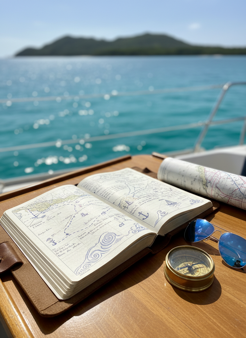 A weathered nautical logbook open on a smooth teak cockpit table, its cream-colored pages filled with neat handwritten route lines and small doodles of waves and anchors. Beside it rests a slightly faded paper chart, a well-used brass compass, and a pair of mirrored sunglasses reflecting the boat’s white boom and blue sky. The scene sits in a sailboat cockpit overlooking sparkling turquoise water and a distant island framed by low hills. Bright mid-morning sunlight creates crisp, lively reflections and soft bokeh on the sea. Photographic realism, shot from a close-up, slightly angled top-down perspective with shallow depth of field, keeping the logbook in razor-sharp focus. The mood is playful, exploratory, and full of possibility, capturing the planning side of family cruising.