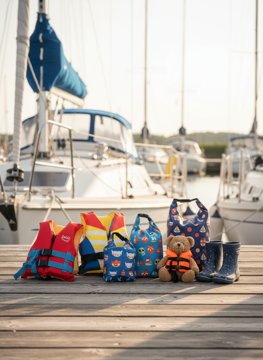 A brightly colored collection of family sailing gear arranged on a sunlit marina dock: tiny red and yellow lifejackets, playful patterned dry bags, a small, well-loved teddy bear wearing a miniature life vest, and a pair of kid-sized sailing boots with salt marks. The textured wooden planks of the dock lead the eye toward a blurred background of masts, halyards, and gently rocking sailboats. Soft late-afternoon sunlight casts warm highlights on the gear and delicate shadows between dock boards. Photographic realism with a vibrant, cheerful palette. Shot from a low, childlike perspective using the rule of thirds, the focus sharp on the foreground items and a creamy bokeh behind. The atmosphere is fun and whimsical, suggesting the presence of a sailing family without showing any people.