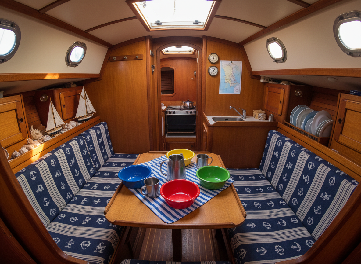 The cozy interior saloon of a cruising sailboat, featuring warm honey-toned teak wood, cheerful striped navy-and-white cushions, and a small dining table set with colorful enamel bowls and a nautical-patterned tablecloth. A playful collection of seashells and a tiny toy sailboat sit on a shelf above. Soft afternoon light filters through small portholes and a partially open hatch, creating dappled highlights on the varnished wood and gentle shadows in corners. Photographic realism with a welcoming, homey atmosphere. Captured from a slightly elevated angle, wide enough to show the compact galley in the background and a chart pinned to the bulkhead. The composition emphasizes depth and the snug, playful character of life inside a family sailboat.